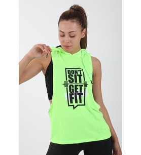 Maraton Regular Kadın Kapşonlu  Kolsuz Neon Yeşil Atlet 17503
