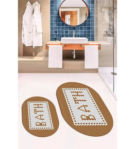 EVDEYA Dijital Baskılı Mozaik Desenli Bath Yazılı İkili Oval Banyo Paspası Klozet Takımı, OKLOZET-7-KAHVE, (Kahverengi)