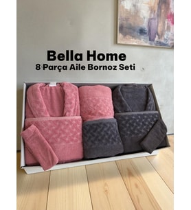 Bella Home 8 Parça Hasır Aile Bornoz Seti - Çeyiz Seti - %100 Pamuk - Orijinal Lüks Kutu (Koyu Gri - Pembe)