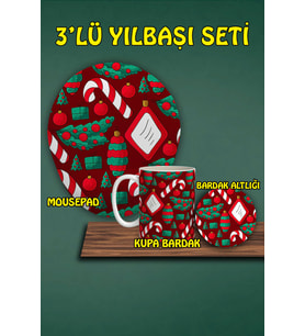 Yılbaşı Temalı 3'lü Bilek Destekli Mousepad Kupa ve Bardak Altlığı Seti
