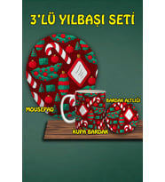 Yılbaşı Temalı 3'lü Bilek Destekli Mousepad Kupa ve Bardak Altlığı Seti