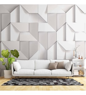 3 Boyutlu Beyaz Geometrik Kabartma Görünümlü Duvar Kağıdı Baskı