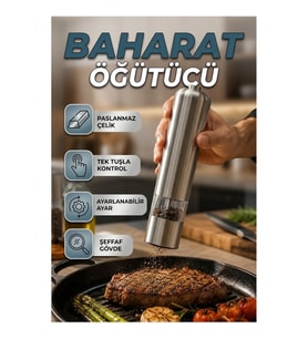 Elektrikli Baharat Öğütücü – Şeffaf Gövdeli, Paslanmaz Çelik, Tek Tuş Kullanım
