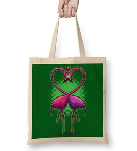 Aşk Kuşları Flamingo Bez Çanta Uzun Saplı