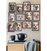 12 Parça Çerçeve Görünümlü Tatlı Köpekler Dijital Sanat Temalı Mdf Tablo Seti 80x80 Cm