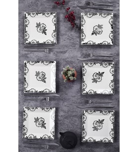 6'lı Şık Tasarım Handmade Black Rose Desen Pasta Tabak Seti Sunum Seti Servis Tabakları Tatlı Tabağı 20cm