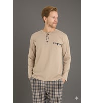 Erkek Düğmeli Yaka Ekose Desenli Pijama Takımı Lüx Tasarım (Bej)