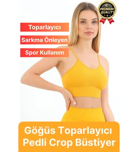 Göğüs Toparlayıcı Sarkma Önleyen Gündelik Spor Kullanım İnce İp Askılı Pedli Çizgili Crop Büstiyer (Sarı)