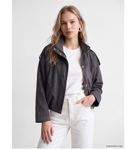 LCW Vision Antrasit Oversize Kadın Bomber Süet Görünnümlü Ceket