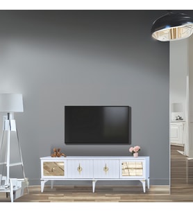 Tuna Tv Sehpası Beyaz 4 Kapaklı Ayna Detaylı Altın Kulplu 160x52x36 Cm
