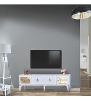 Tuna Tv Sehpası Beyaz 4 Kapaklı Ayna Detaylı Altın Kulplu 160x52x36 Cm