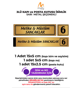 ALTIN METAL KAPI İSİMLİĞİ SETİ 3'LÜ - KAPI İSİMLİĞİ, KAPI NUMARASI, POSTA KUTUSU İSİMLİĞİ