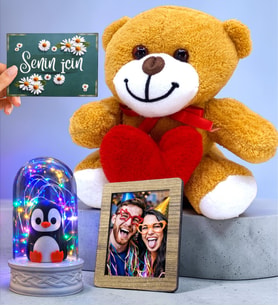 Kişiye Özel Hediye Seti Kalpli Peluş Ayıcık, Fotoğraf ve Renkli Led Işıklı Penguen Fanus