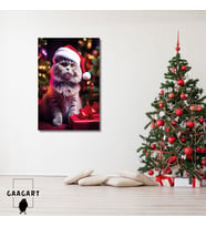 Tekli Dikey Kanvas Duvar Tablosu Yılbaşı Hediyesi Noel Baba Kostümlü Gri Kedi