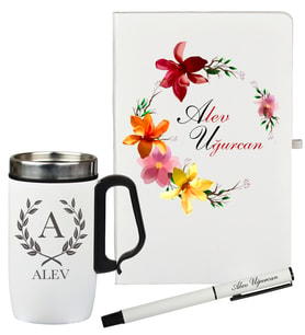 Anneye Hediye Çiçek Tasarımlı Kişiye Özel Defter Kalem Termos Mug Seti