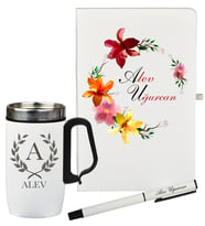 Anneye Hediye Çiçek Tasarımlı Kişiye Özel Defter Kalem Termos Mug Seti