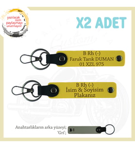 Biker Tarzına Uygun İsim Plaka, B Rh (-) Kan Grubu Yazılı Özel Anlamlı Hediye x2 Anahtarlık, Sarı-Gr
