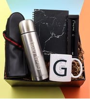 Kişiye Özel 500 ML Deri Çantalı Gri Çelik Termos & Mermer Desenli Defter & Kalın Siyah Touch Pen & Çizgi Harf Kupa Hediye Seti
