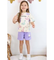 Kız Çocuk Flamingo Baskılı Kısa Kollu Mor Şortlu Takım