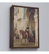 Çerçeveli Henri Émilien Rousseau - Saraydan Ayrılan Süvari Tablosu - Horseman leaving à palace (Kahverengi)