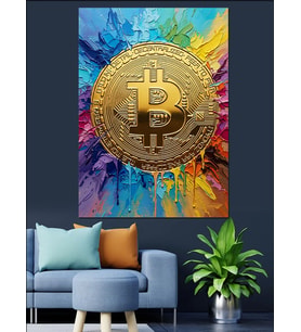 Renkli Zemin Üzerinde Altın Bitcoin Dekoratif Kanvas - Mdf Ahşap Tablo