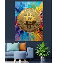 Renkli Zemin Üzerinde Altın Bitcoin Dekoratif Kanvas - Mdf Ahşap Tablo