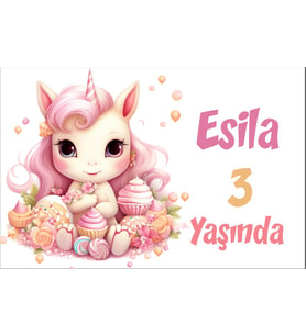 Pembe Unicorn Temalı Doğum Günü Afişi -2 50x70 cm