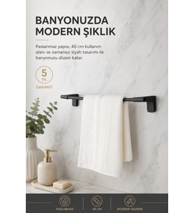 F1 Model Siyah Uzun Havlu Askısı 40 cm Paslanmaz Çelik Banyo Havluluk