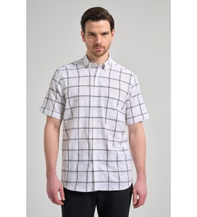 Kısa Kol Ekose Desen Armürlü Düğmeli Yaka cepli Pamuklu Classic Comfort Fit Gömlek 1004250166 (Beyaz)