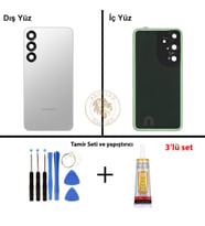 Samsung Galaxy S25 Plus Gümüş Renk Arka Kapak + Tamir Seti + B7000 Yapıştırıcı Arka Cam Batarya Kapağı Pil Kapağı Lazer Kesim Back Cover Galaxy S25 Plus Uyumlu