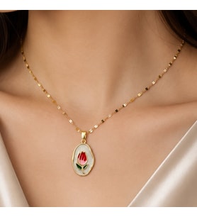 BK Gift Lale Figürlü Mineli Kadın Kolye - Kararma Yapmayan Gold Çelik Kolye