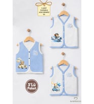 Erkek Bebek 3’lü Jakarlı Yelek Set Çıtçıtlı Bebek Yeleği Ayıcık Baskılı,Pamuklu,Yenidoğan Yelek Seti (Ekru-Mavi)