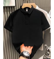Erkek Polo Yaka Pike Kumaş Yazlık Tişört Düğmeli Düz kısa kol T-Shirt - Siyah