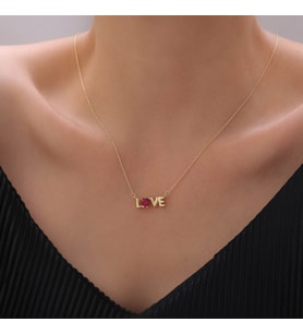 925 Ayar Gümüş Love Yazılı Renkli Kalp Taşlı Kolye (Gold)