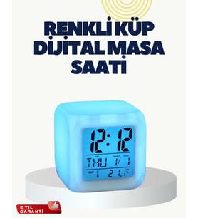 Termometre ve Takvim Özellikli 7 Renk Değiştiren Küp Alarm Saati