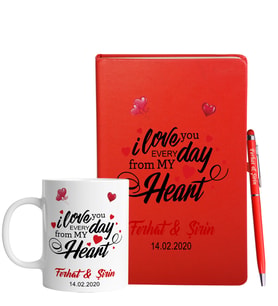 Sevgililer Gününe Özel Kırmızı Defter Kalem & Kupa Hediye Seti 7