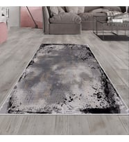 Pudra Eskitme Desen Yıkanabilir Kaymaz Taban Leke Tutmaz Modern Salon Halısı ve Yolluk (Siyah)