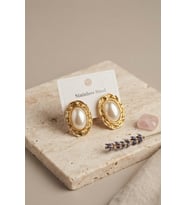 316L Gold Renk Gold Renk Vintage Beyaz İncili Model Küpe 5886