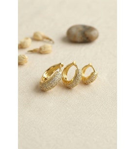 Gold Renk 3 lü Zirkon Taşlı Halka Küpe Set