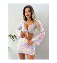 Açık Pembe Yüz Desen Baskılı İthal Tül Kumaş Etekli İkili Takım