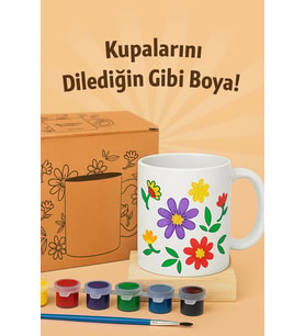 Kupa Boyama Seti - Kendin Boya Seramik Kupa (6 Renk Boya+Fırça) Çocuk ve Yetişkinler İçin Hobi Seti (Beyaz)