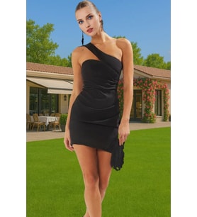 Asimetrik Yaka Mini Elbise Bodycon Kalıp Polyester Elastan Şık Elbise Seçkin Malzeme Özenle Seçilmiş