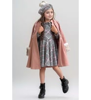 Kız Çocuk Kazayağı Desen Elbise Kolları Peluş ve Omuzları İnci İşleme Kemerli Pe (Pembe)