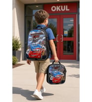 Simli İlkokul 2Lİ SET Takım Çanta 1378 cars araba Simli İlkokul 2'li Takım Sırt Çantası 40x27x14 cm Beslenme Çantası 18x20x11 cm