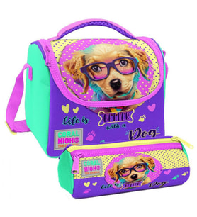 Coral High Sarı Pembe Sevimli Köpek Desenli Kız Çocuk Isı Yalıtımlı Beslenme Çantası ve Kalemlik Seti