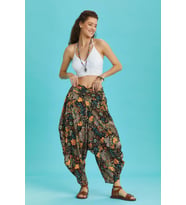 Drape Bel Dökümlü Çiçek Desenli Kadın Şalvar Pantolon (Siyah)