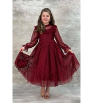 Kız Çocuk Kolları ve Yakası Şeffaf Tül ve Fırfır Detaylı Bordo Elbise