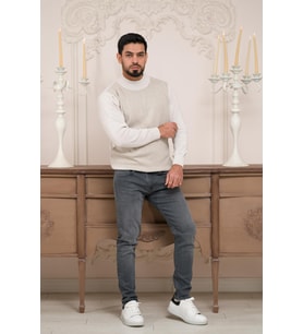 Woolen World Balıkçı Yaka Desenli Yünlü Erkek Triko Kazak (Krem)
