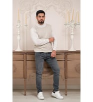 Woolen World Balıkçı Yaka Desenli Yünlü Erkek Triko Kazak (Krem)