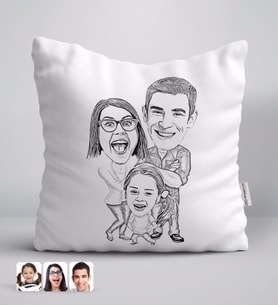 BK Gift Kişiye Özel Karakalem 3'lü Aile Karikatürlü Beyaz Yastık-1
